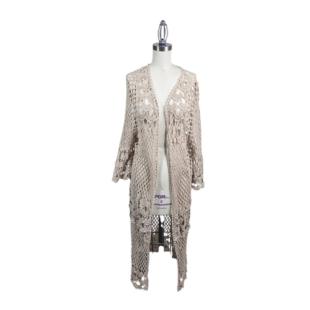 Paisley Vine Crochet Cardigan Duster XS/S Beige Open Front Boho Beach Coachella